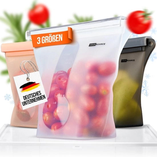 Set di sacchetti di silicone riutilizzabili (lotto da 3) [resistenti alle fughe, resistenti al lavastoviglie] organizzatore del frigorifero, conservazione e organizzazione della cucina, sacchetti con cerniera, preparazione pasti (bianchi)