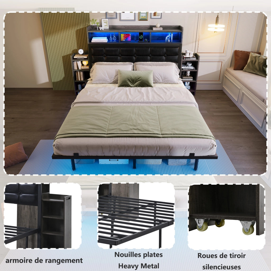 Letto matrimoniale con cassetti LED USB 140x190 cm metallo grigio
