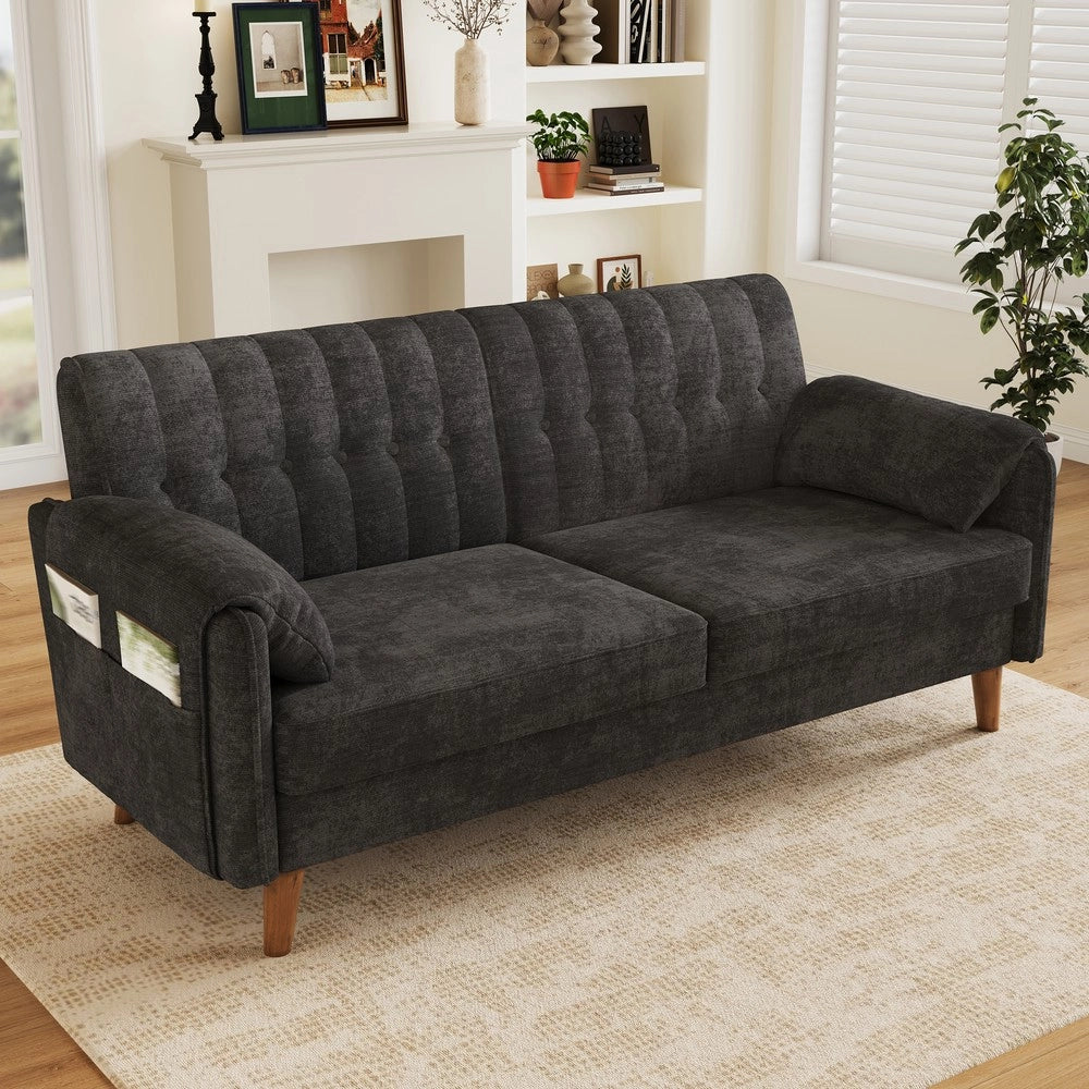 Divano 2 posti in tessuto ¨C Minimal ¨C grigio, gambe in legno massello, con braccioli e cuscini