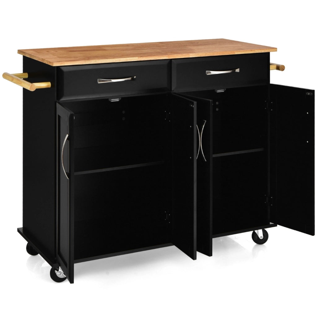 Carrello da cucina con piano di lavoro in legno di gomma 4 ante ripiani regolabili-Scaffale-Carrello porta utensili Nero