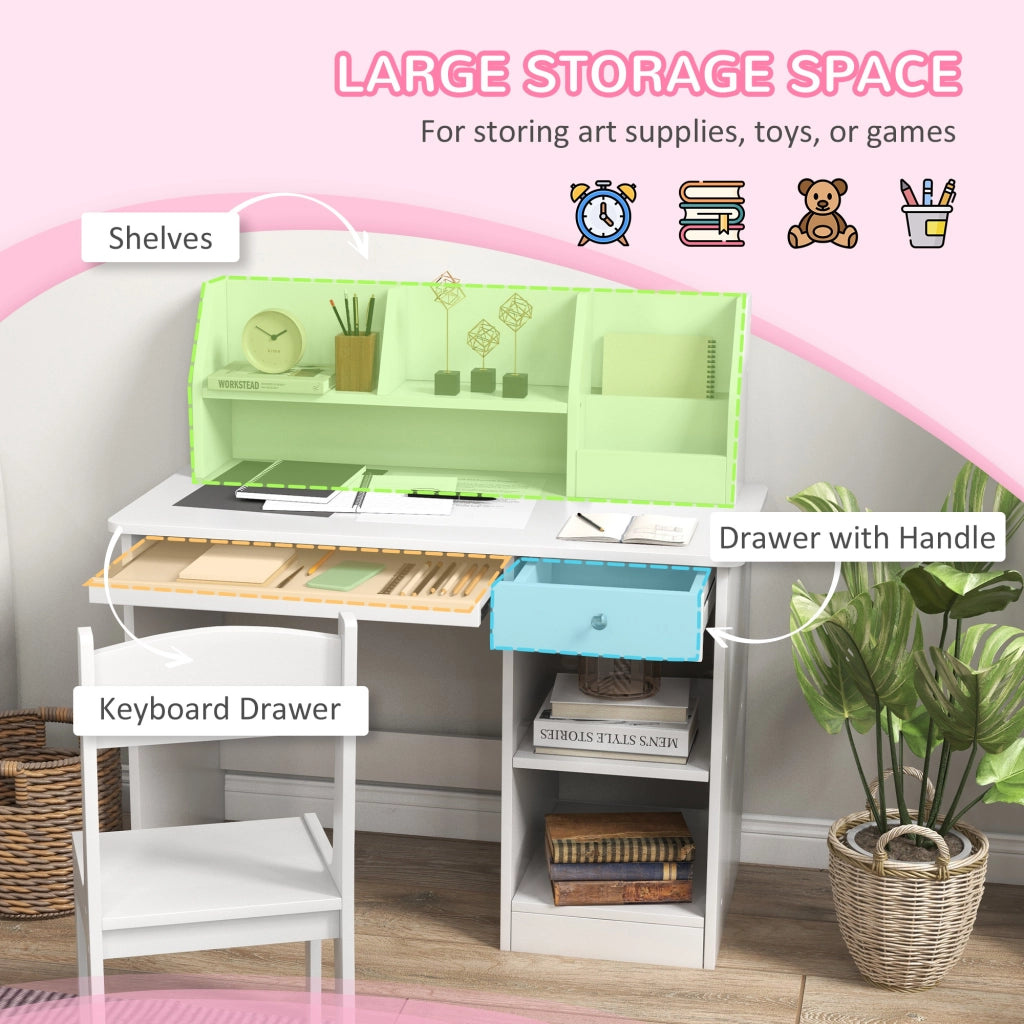 EasyComfort Banco Scuola e Sedia per Bambini da 5-8 Anni con Scaffale e Mensola Estraibile in Legno Bianco