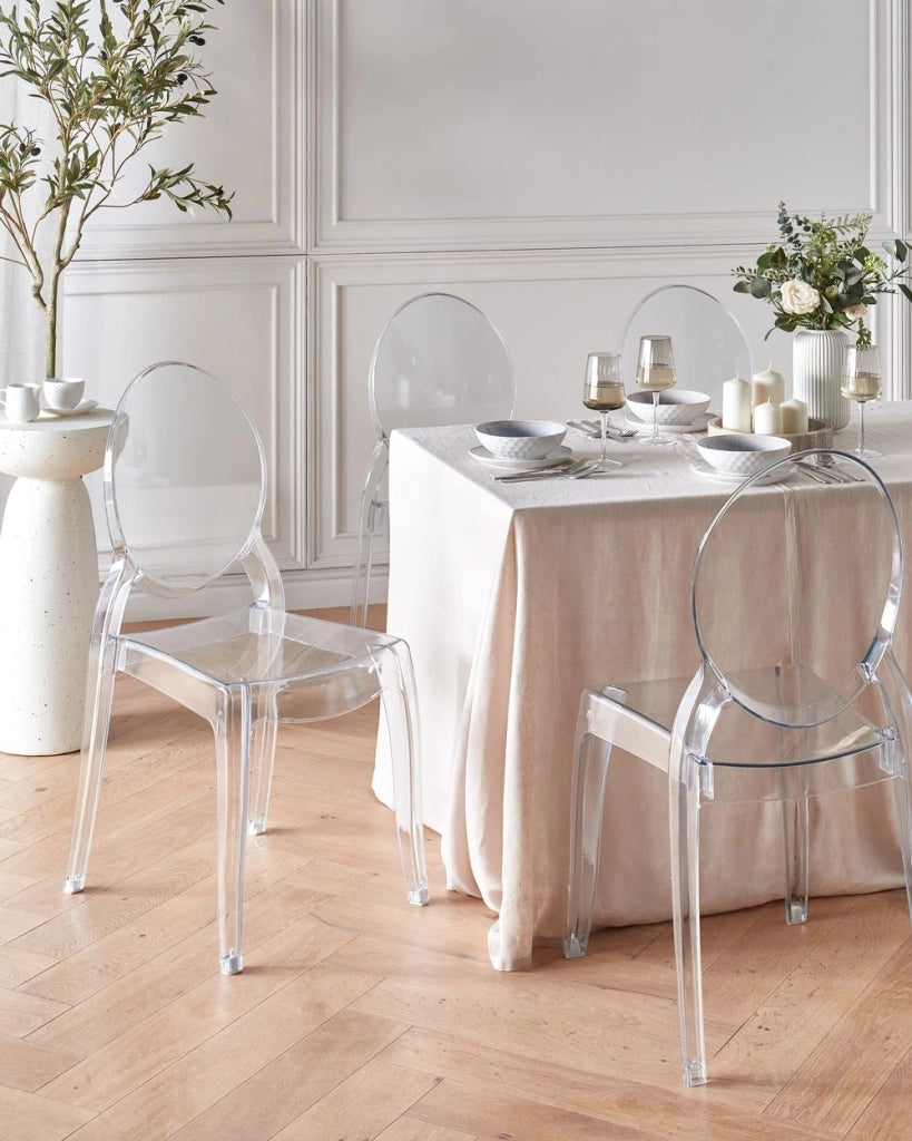 Set di 4 sedie da pranzo in materiale sintetico trasparente schienale solido impilabili design vintage moderno