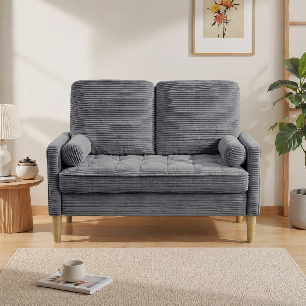 DIVANO 2 posti in tessuto grigio con gambe in legno, 107 cm