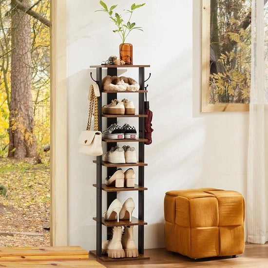 Cassettiere per 8 livelli con grucce per scarpe, cassettone in legno con struttura in metallo, stoccaggio per scarpe, ingresso, soggiorno, stile vintage, marrone/bianco