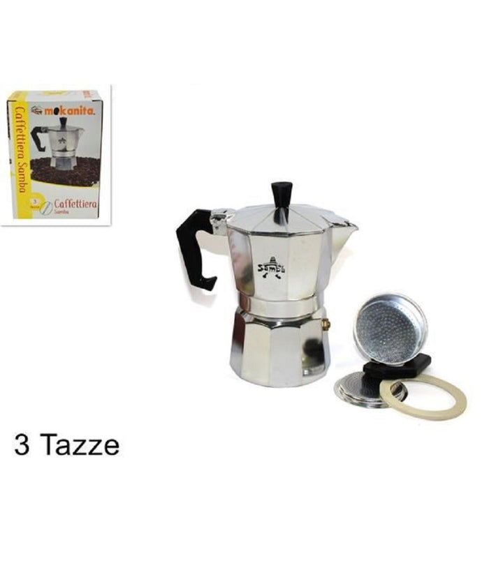 Caffettiera Moka Macchinetta Caffe' Espresso Classica Misura 3 Tazze Con Ricambi         