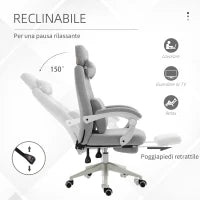 Sedia da Ufficio Ergonomica, Sedia da Scrivania con Rotelle, Cuscino Lombare, Poggiatesta e Poggiapiedi Estraibile, Grigia 62x68x117-127cm