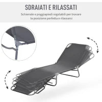 Lettino da Giardino con Schienale Regolabile in 5 Posizioni, Lettino Pieghevole in Metallo e Tessuto Oxford, 187x55x24cm, Grigio