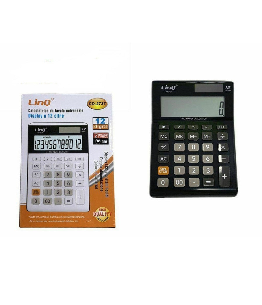 Calcolatrice Elettronica 12 Cifre Carica Solare Linq Cd-2737 Casa Scuola Ufficio         