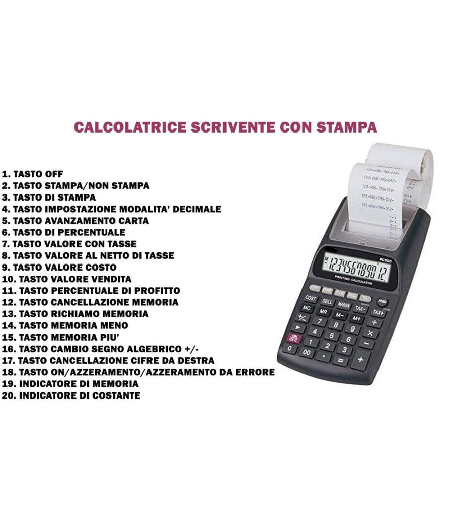 Calcolatrice Scrivente Con Display Lcd 12 Cifre Scontrino Stampato Non Fiscale         