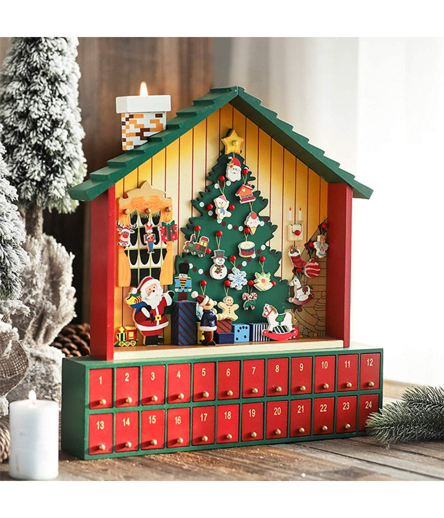 Calendario Avvento Casetta Di Babbo Natale Legno Cassetti Decorazioni Natalizie         