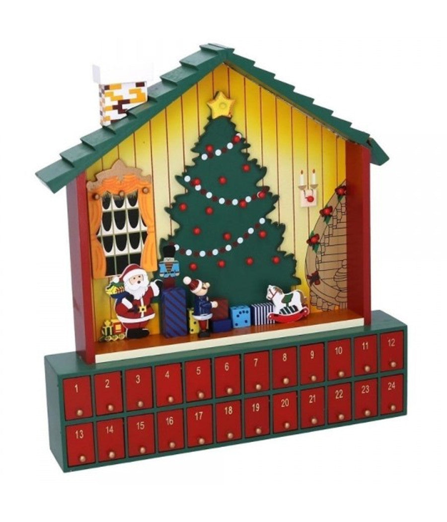 Calendario Avvento Casetta Di Babbo Natale Legno Cassetti Decorazioni Natalizie         
