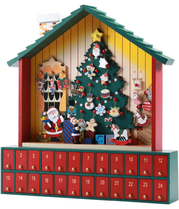 Calendario Avvento Casetta Di Babbo Natale Legno Cassetti Decorazioni Natalizie         