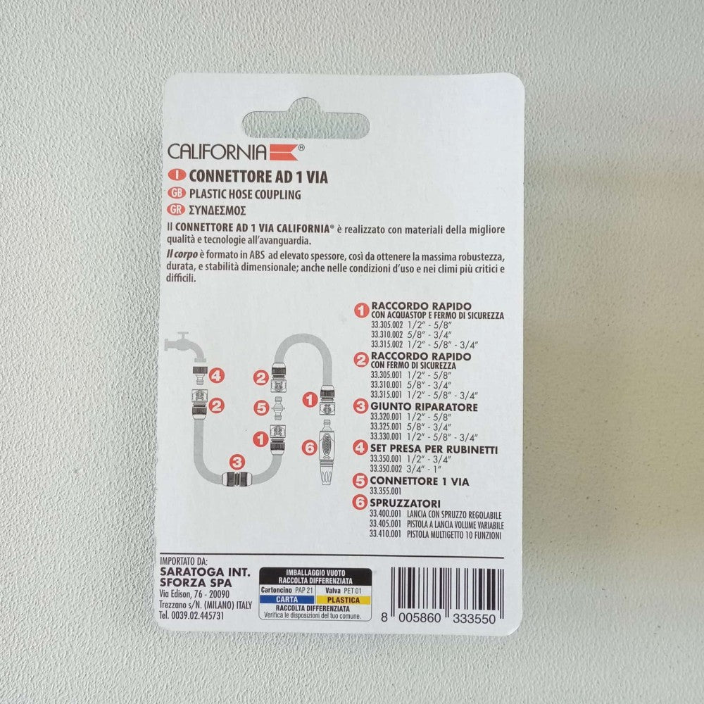 California connettore a 1 via per raccordi tubo giardino