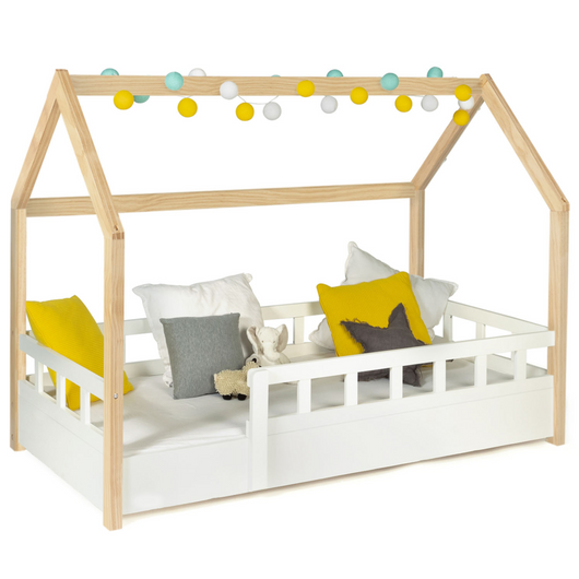 IDMarket - Cama camarote infantil 80 x 160 CM NEREE blanco y haya con somier y barandillas