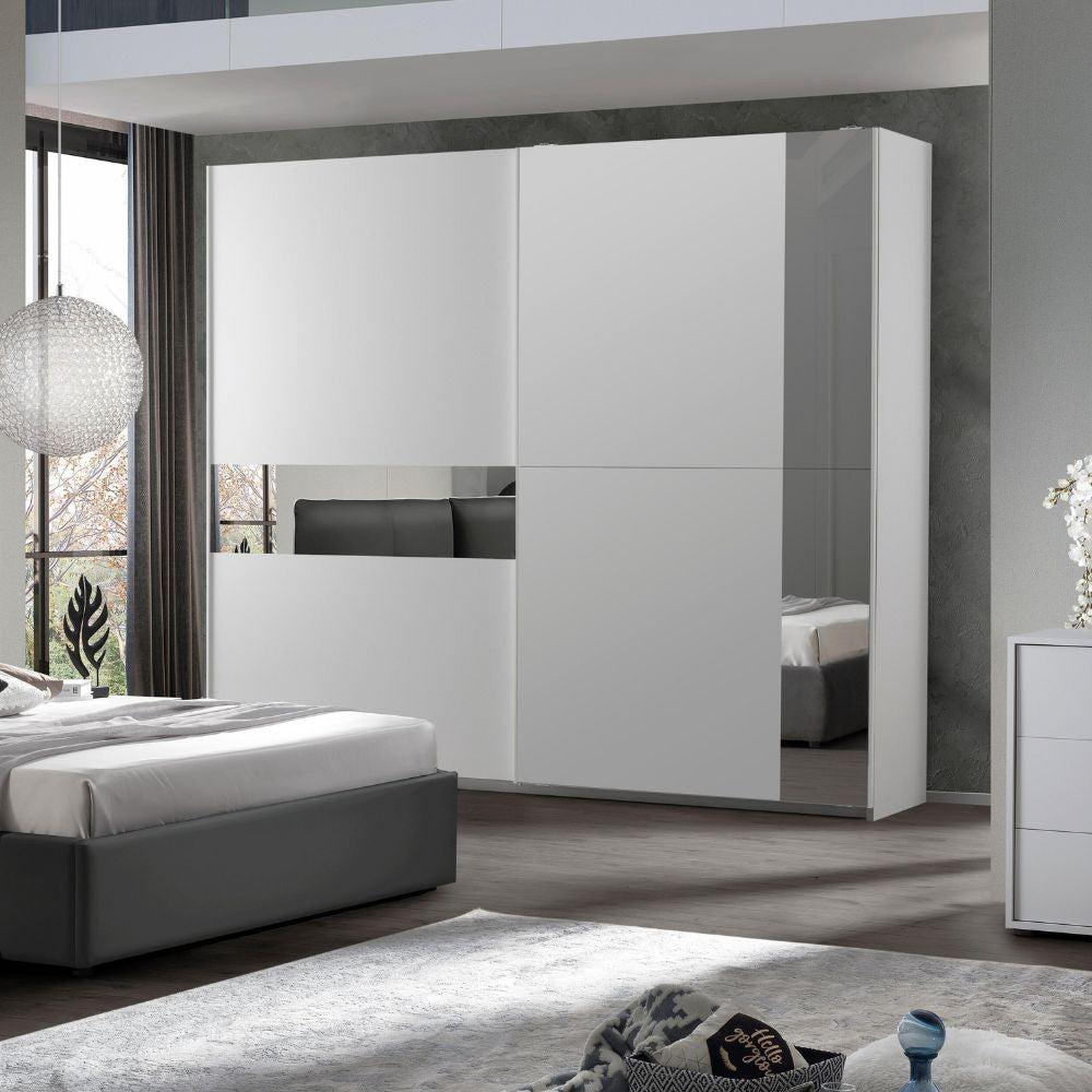 Camera da letto Manon con armadio 2 ante scorrevoli colore bianco e grigio