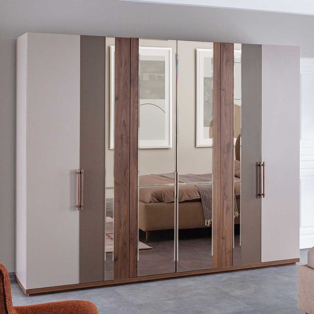 Camera da letto grigio noce e caffè con armadio e letto contenitore Pastel