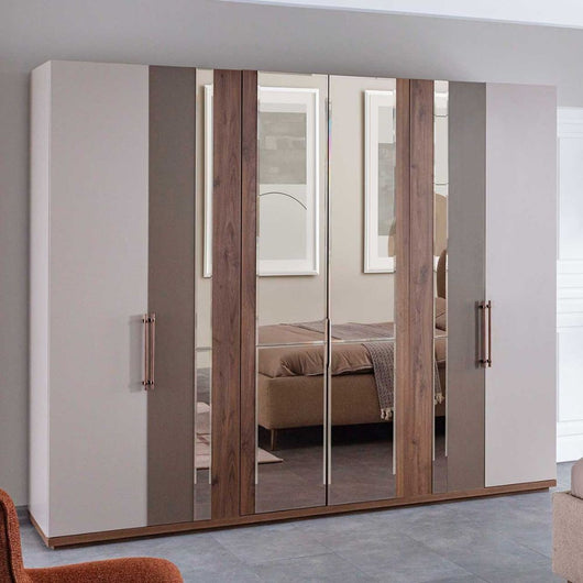 Camera da letto grigio noce e caffè con armadio e letto contenitore Pastel