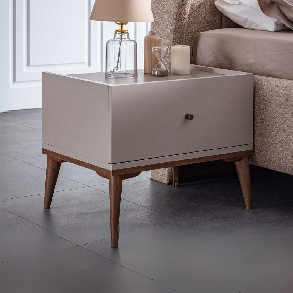 Camera da letto grigio noce e caffè con armadio e letto contenitore Pastel