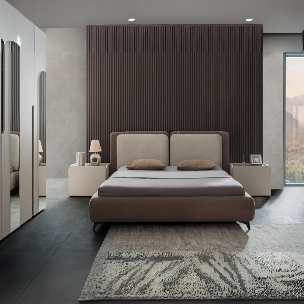 Camera da letto cashmere olmo biscotto armadio 6 ante con specchi e letto contenitore Loana