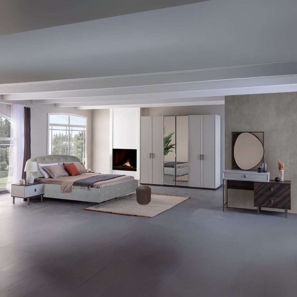 Camera da letto Merlin noce mozambik spatolato armadio 6 ante e letto contenitore