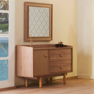 Camera da letto Natura colore rovere miele effetto vimini e armadio a specchio