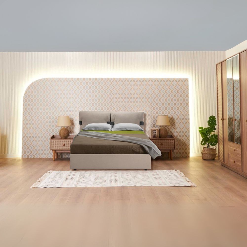 Camera da letto Natura colore rovere miele effetto vimini e armadio a specchio