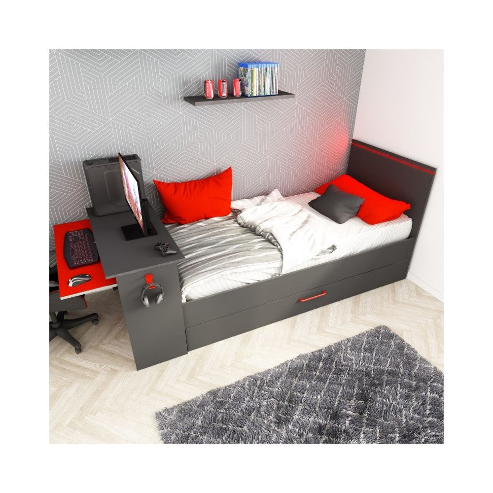 Cameretta con letto estraibile e scrivania antracite e rosso 5040