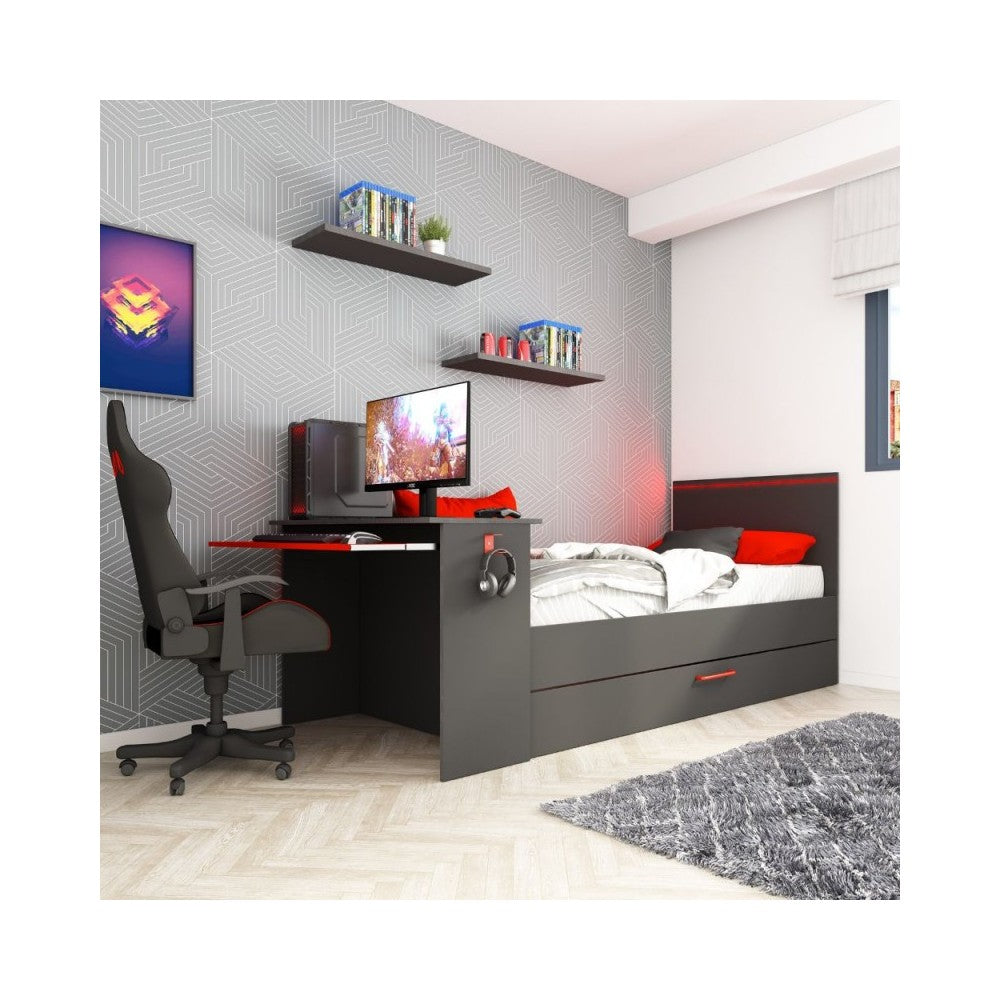 Cameretta con letto estraibile e scrivania antracite e rosso 5040