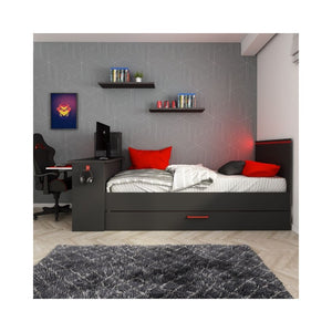 Cameretta con letto estraibile e scrivania antracite e rosso 5040