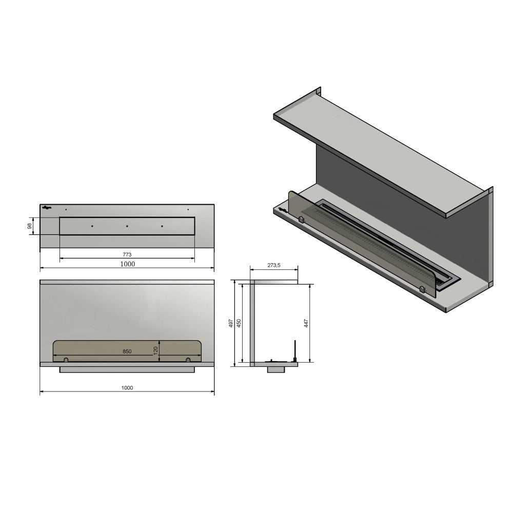 Caminetto a Bioetanolo Da Incasso di Design C1000 V.2 con Vetro Aperto su 3 Lati Bruciatore da 2 Litri