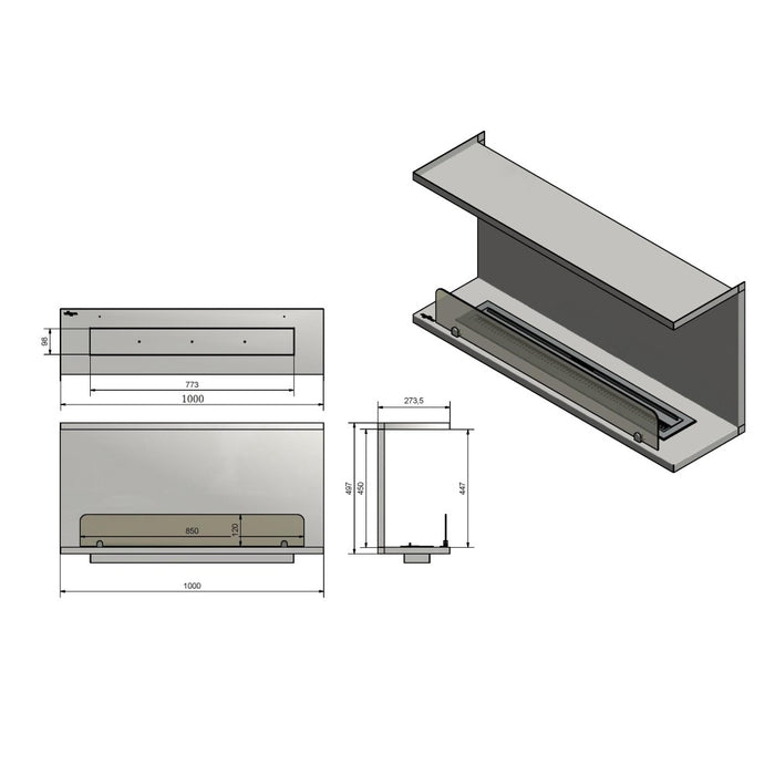 Caminetto a Bioetanolo Da Incasso di Design C1000 V.2 con Vetro Aperto su 3 Lati Bruciatore da 2 Litri