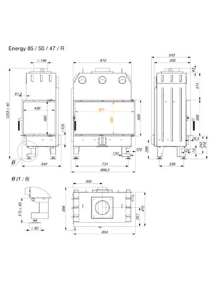 Caminetto ad angolo Inserto Apertura destra Energy 85x50x47 (17 kW) ECO
