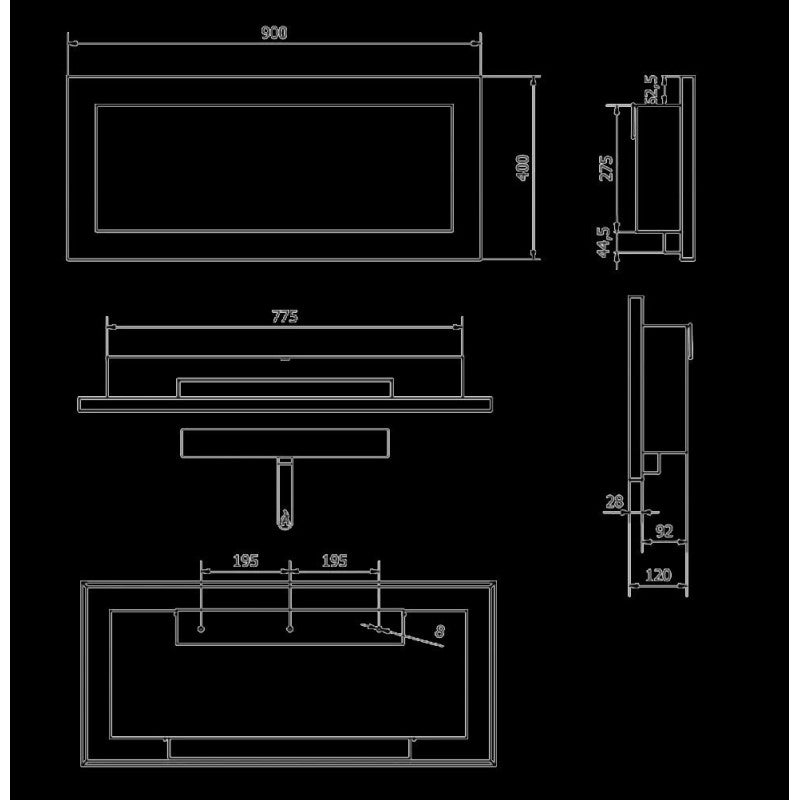 Camino a bioetanolo a parete o da incasso Lucca Bianco L 90 x P 12 x H 40
