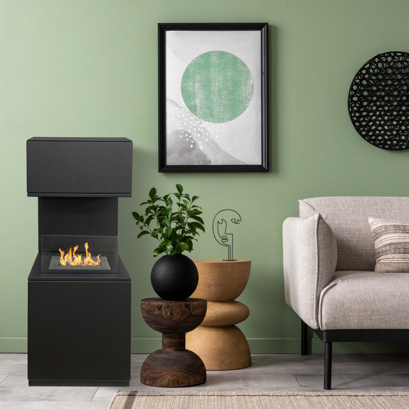 Camino a Bioetanolo Oslo Nero H100 Moderno da Interno/Esterno – con Vetro e Bruciatore Tuv