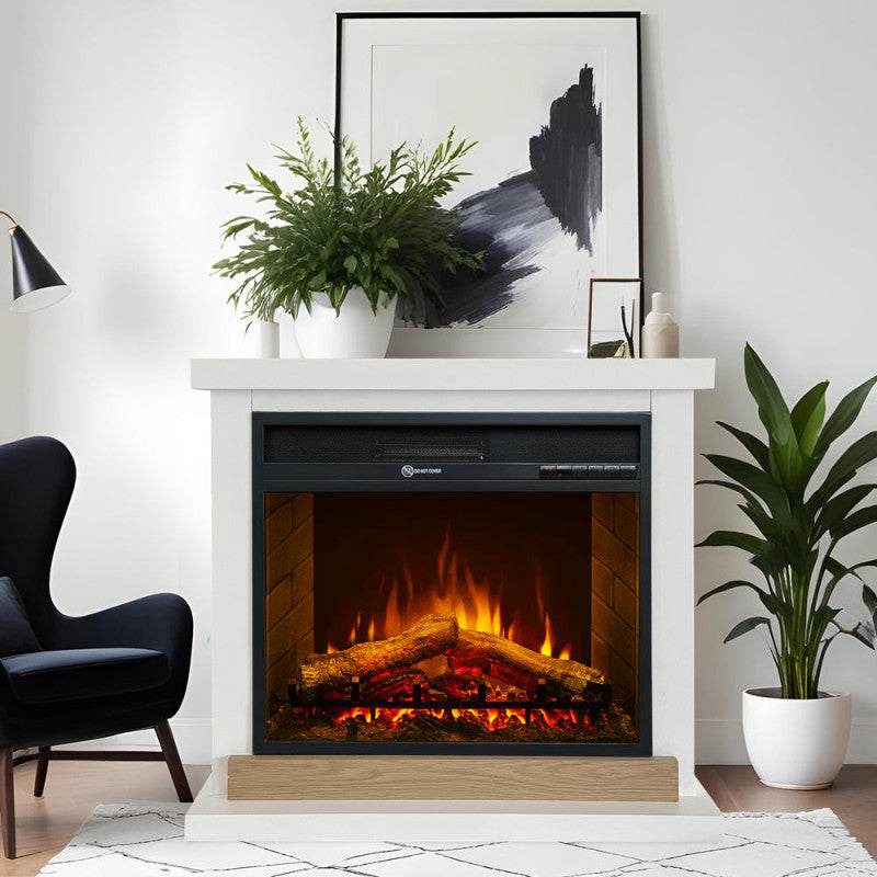 Camino elettrico caminetto da terra Stoccolma in legno bianco L75xP28xH70 cm