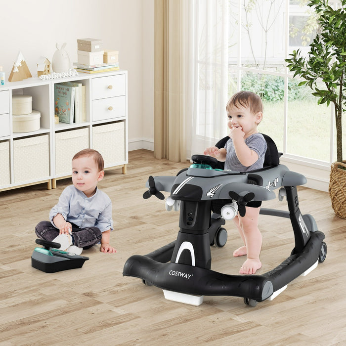 Camminatore pieghevole a tema aeroplano con altezza regolabile a 3 livelli, Camminatore per bambini 6 in 1 con ruote Grigio-Passeggini per bimbi