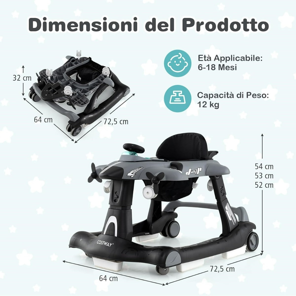 Camminatore pieghevole a tema aeroplano con altezza regolabile a 3 livelli, Camminatore per bambini 6 in 1 con ruote Grigio-Passeggini per bimbi