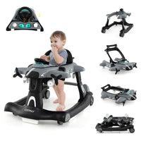 Camminatore pieghevole a tema aeroplano con altezza regolabile a 3 livelli, Camminatore per bambini 6 in 1 con ruote Grigio-Passeggini per bimbi