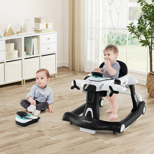 Camminatore pieghevole a tema aeroplano con altezza regolabile a 3 livelli, Camminatore per bambini 6 in 1 con ruote Bianco-Passeggini per bimbi