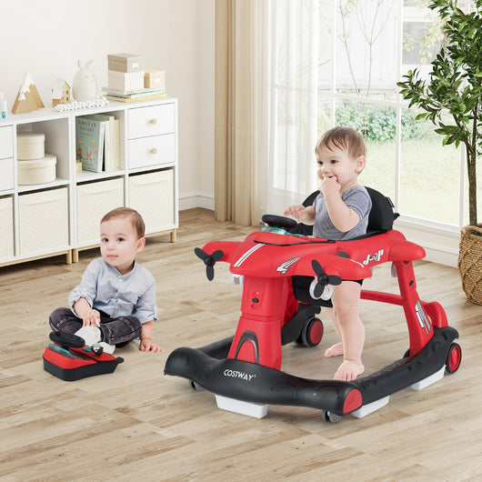 Camminatore pieghevole a tema aeroplano con altezza regolabile a 3 livelli, Camminatore per bambini 6 in 1 con ruote Rosso-Passeggini per bimbi