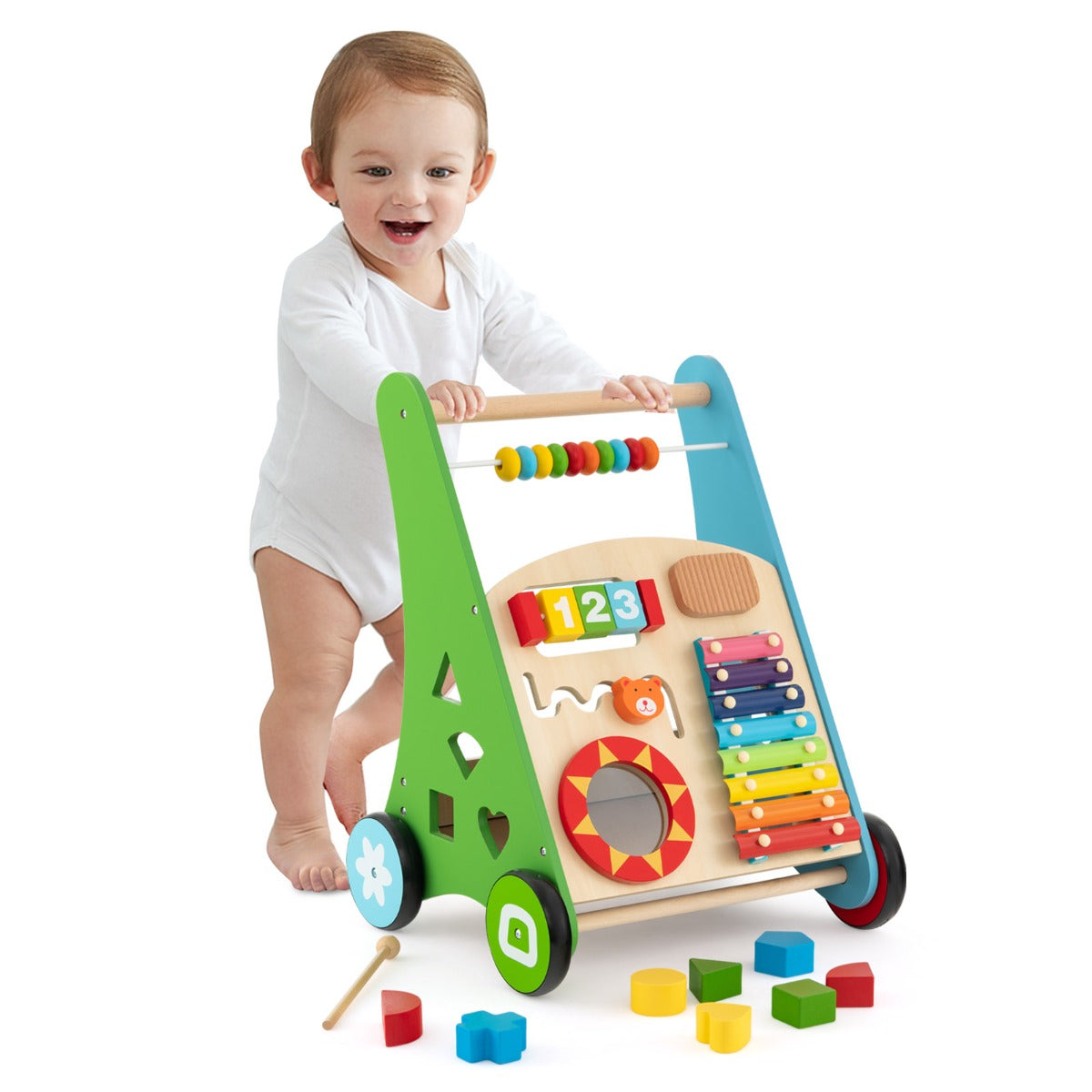 Camminatore per bambini in legno, Camminatore per attivit¨¤ di apprendimento a spingere e tirare 36x32x47cm-Primi passi