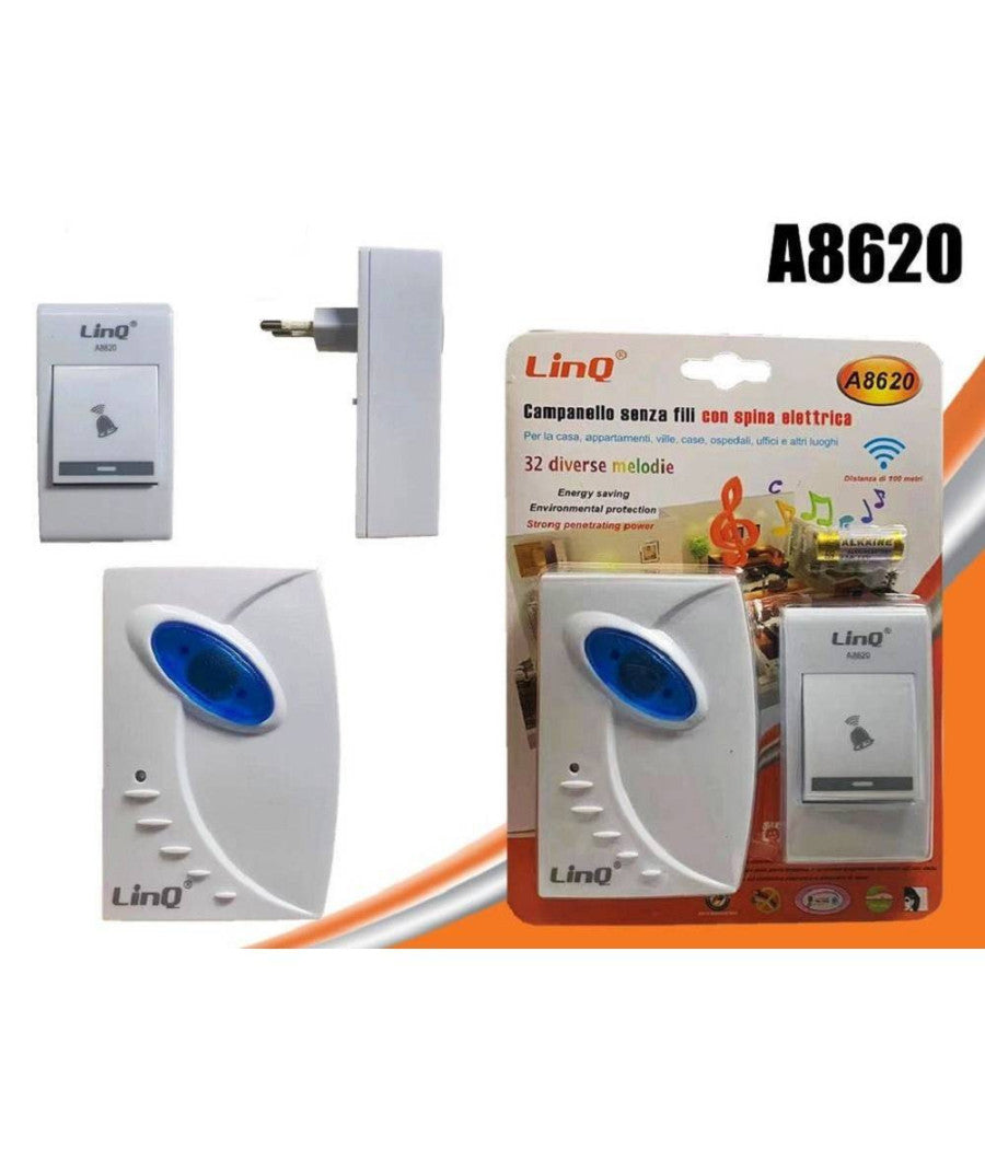 Campanello Wireless Spina Elettrica Senza Fili 32 Melodie A8620 Distanza 100 Mt         