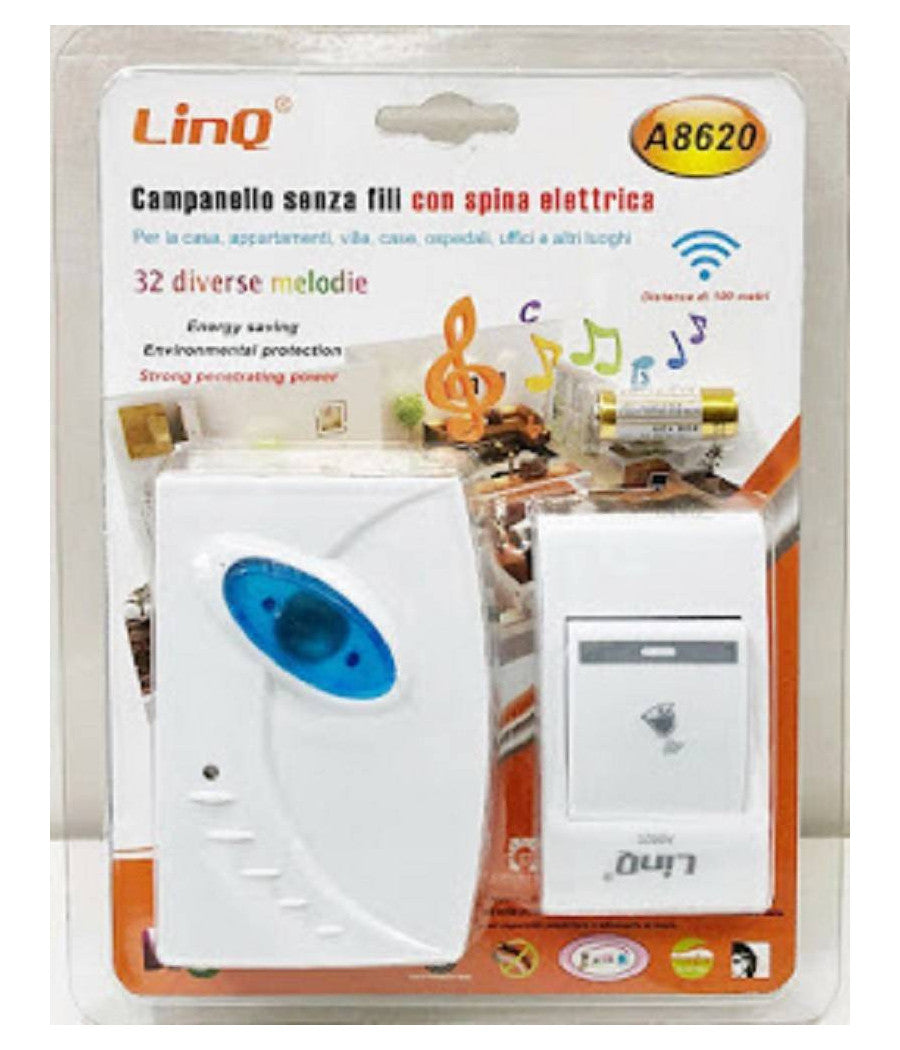 Campanello Wireless Spina Elettrica Senza Fili 32 Melodie A8620 Distanza 100 Mt         