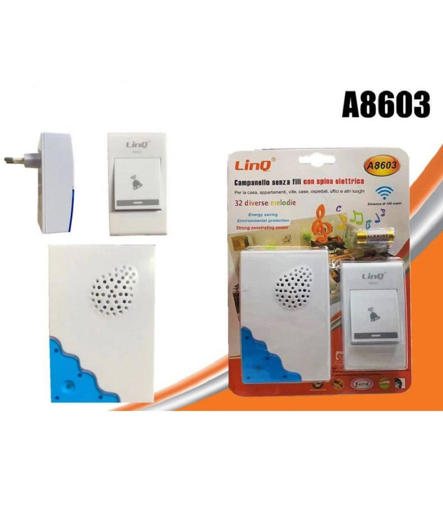 Campanello Wireless Spina Elettrica Senza Fili 32 Melodie Casa A8603 Distanza 100mt         