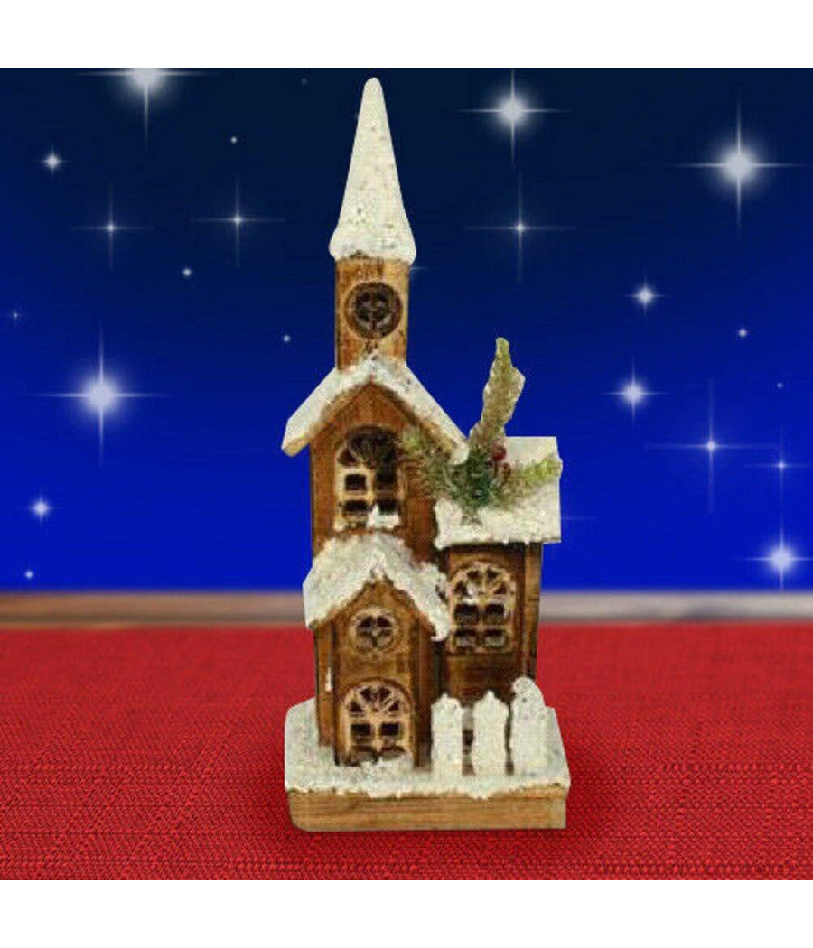 Campanile Legno Innevato Con Luci Gialle Altezza 41 Cm Decorazioni Natalizie         