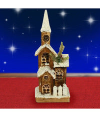 Campanile Legno Innevato Con Luci Gialle Altezza 41 Cm Decorazioni Natalizie         