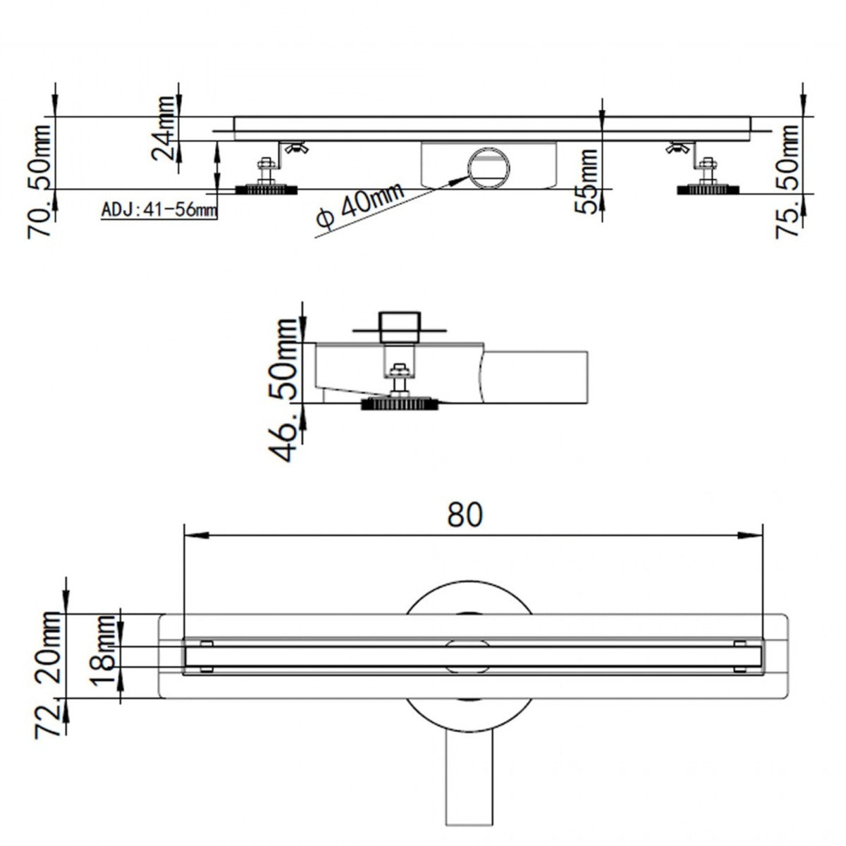 Canalina di scarico doccia slim a pavimento 60 80 cm, misura 80
