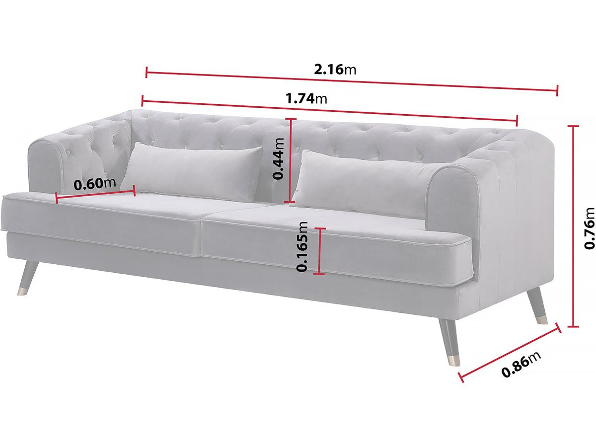 Divano in velluto "Gloria" - 216 x 86 x 76 cm - 3 posti - Grigio
