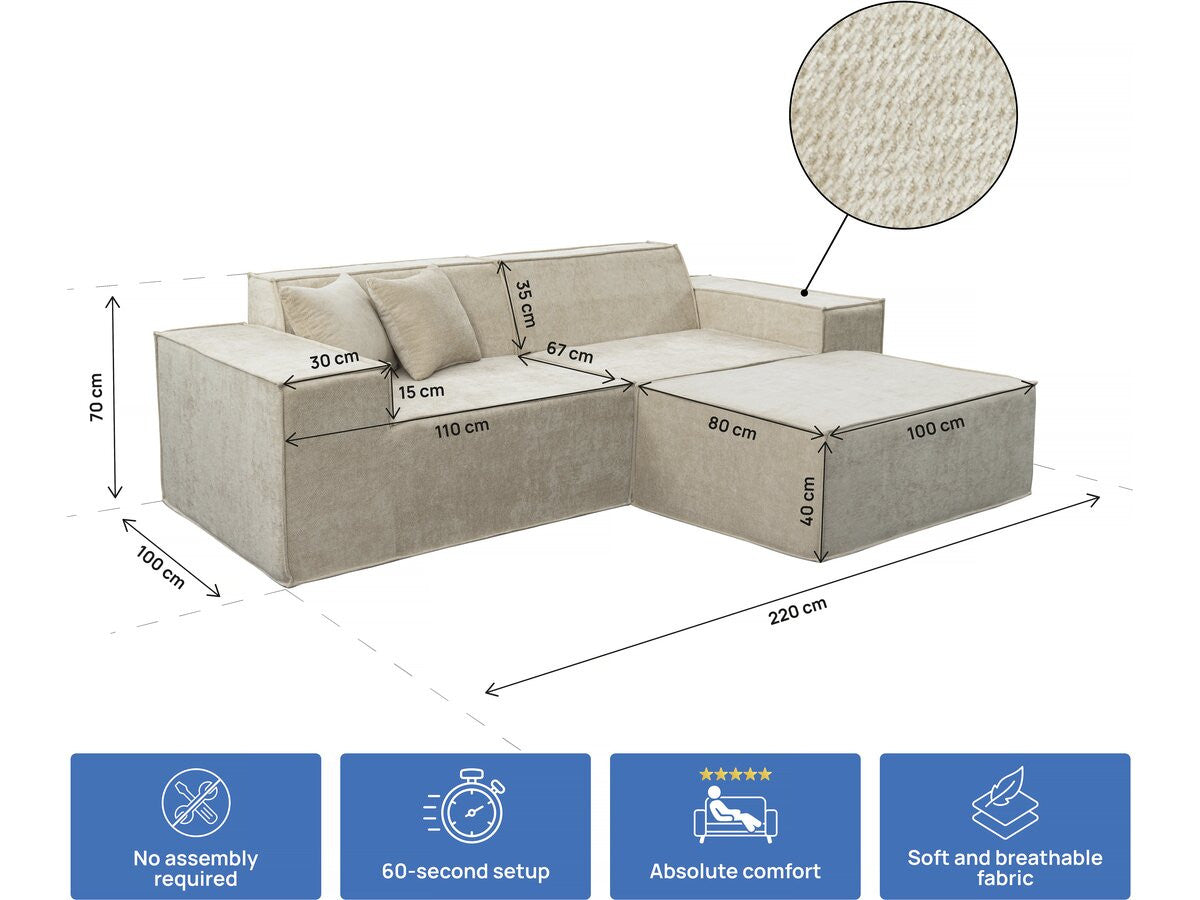 Divano componibile dritto con pouf in tessuto texturizzato "Lusso" - 3 posti - Beige