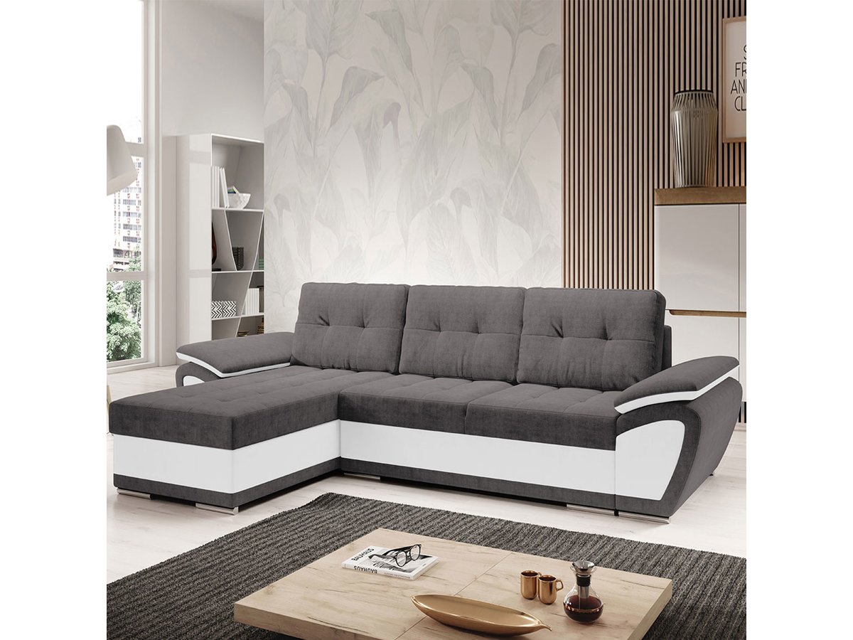 Divano letto angolare sinistro "Enzo" + cassettone - 3 posti - 267 x 156 x 97 cm - Grigio Bianco